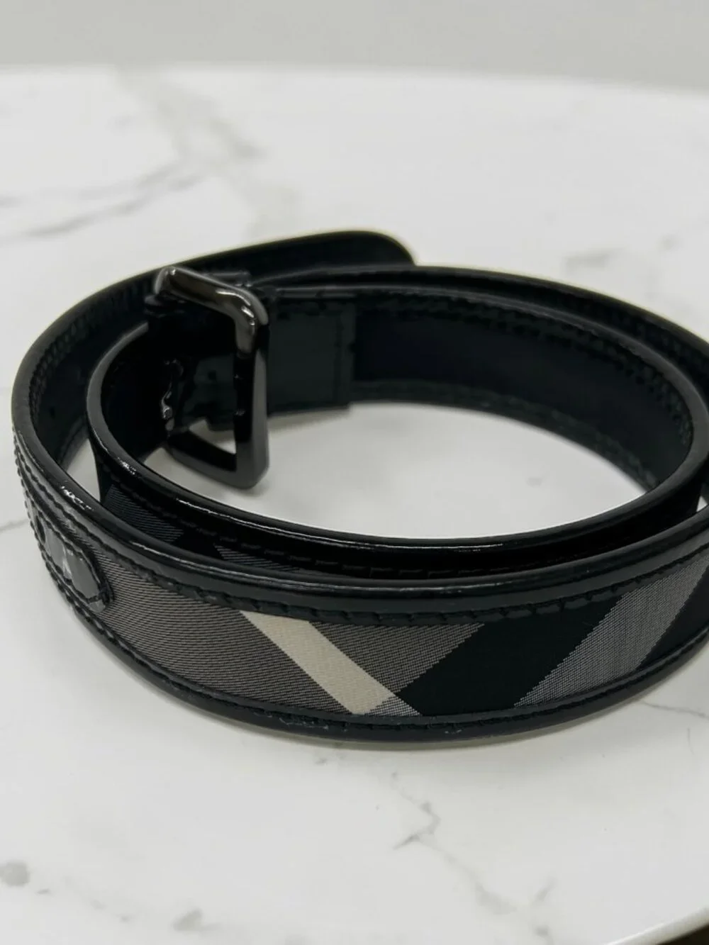 Burberry Black Beat Check and Patent Leather Belt, Size US 32